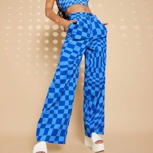 Blue Checkerboard Wide Leg Pants